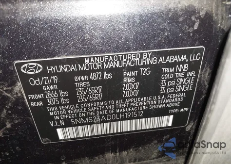 2020 Hyundai Santa Fe Se from USA, damaged, VIN 5NMS23AD0LH191512